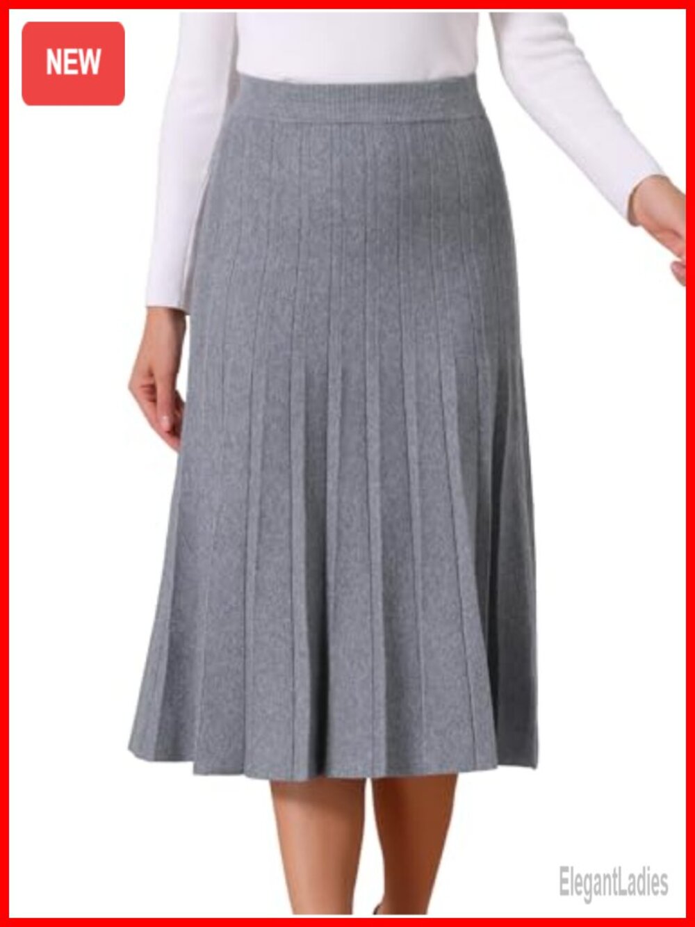 Pleated Knit A-Line Midi Sweater Skirt Ribbed Viscose Blend